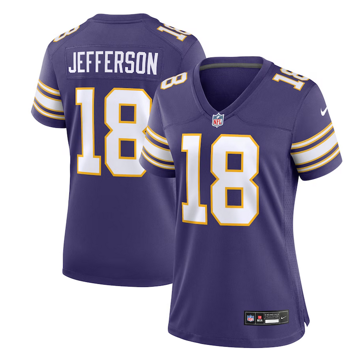 Women's Minnesota Vikings #18 Justin Jefferson Purple 2023 Stitched Game Jersey(Run Small)
